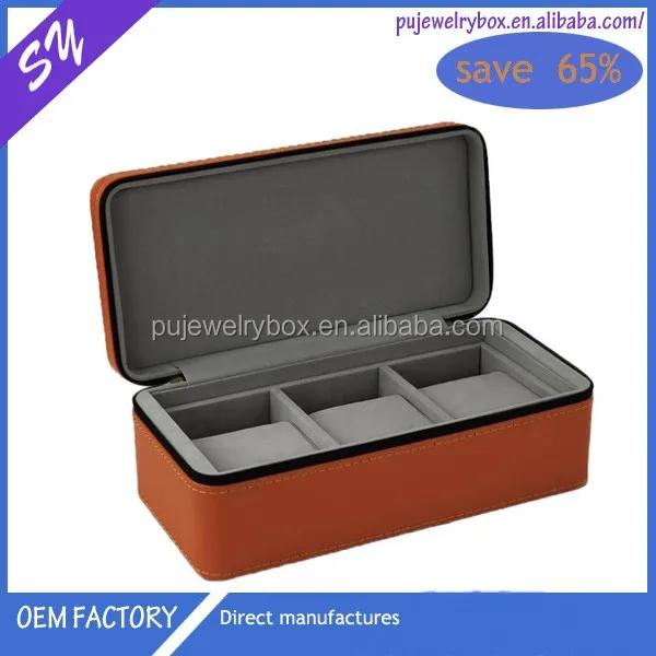 personalized 3 slots pu/pvc leather zipper watch travel box for