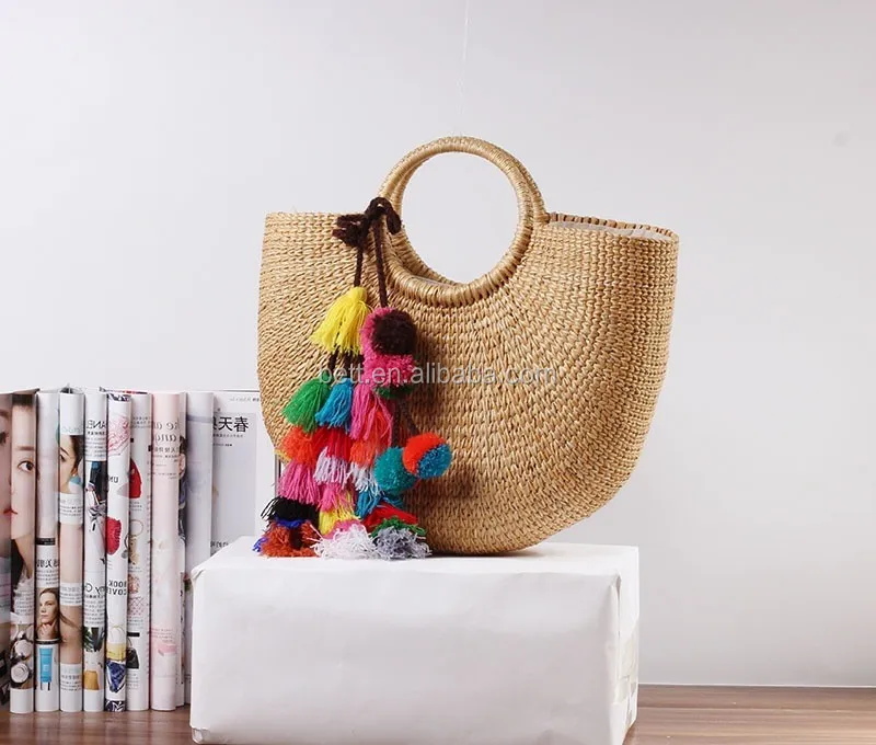 beach bag with wood round handle straw summer basket handbag