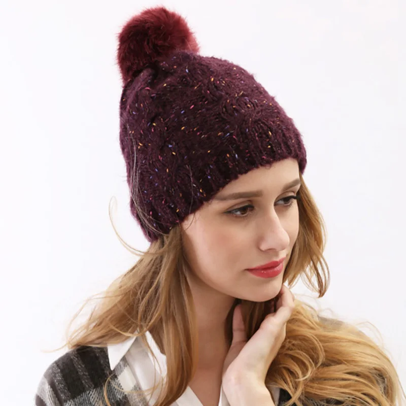 2015 New Fashion Paisley Colorful Yarn Wool Knitted Hat Skullies Gorros with Fur Ball High Quality Red Winter Hats for Women