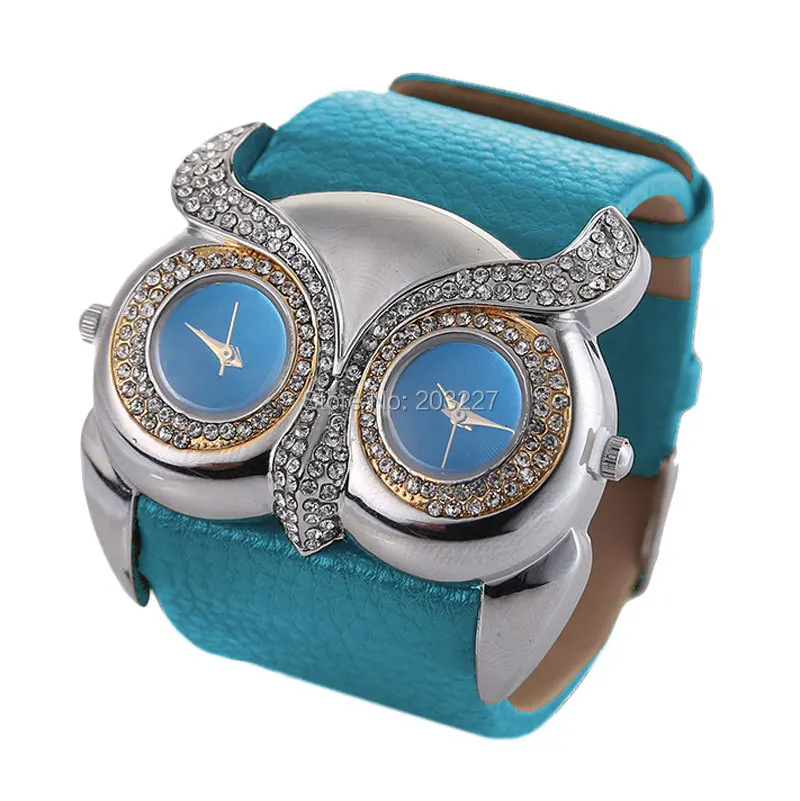 Owl Irregular Double Dial Watches 2015 wide band Women Watches Fashion Luxury Casual Dress Watch Leather Quartz Wristwatch