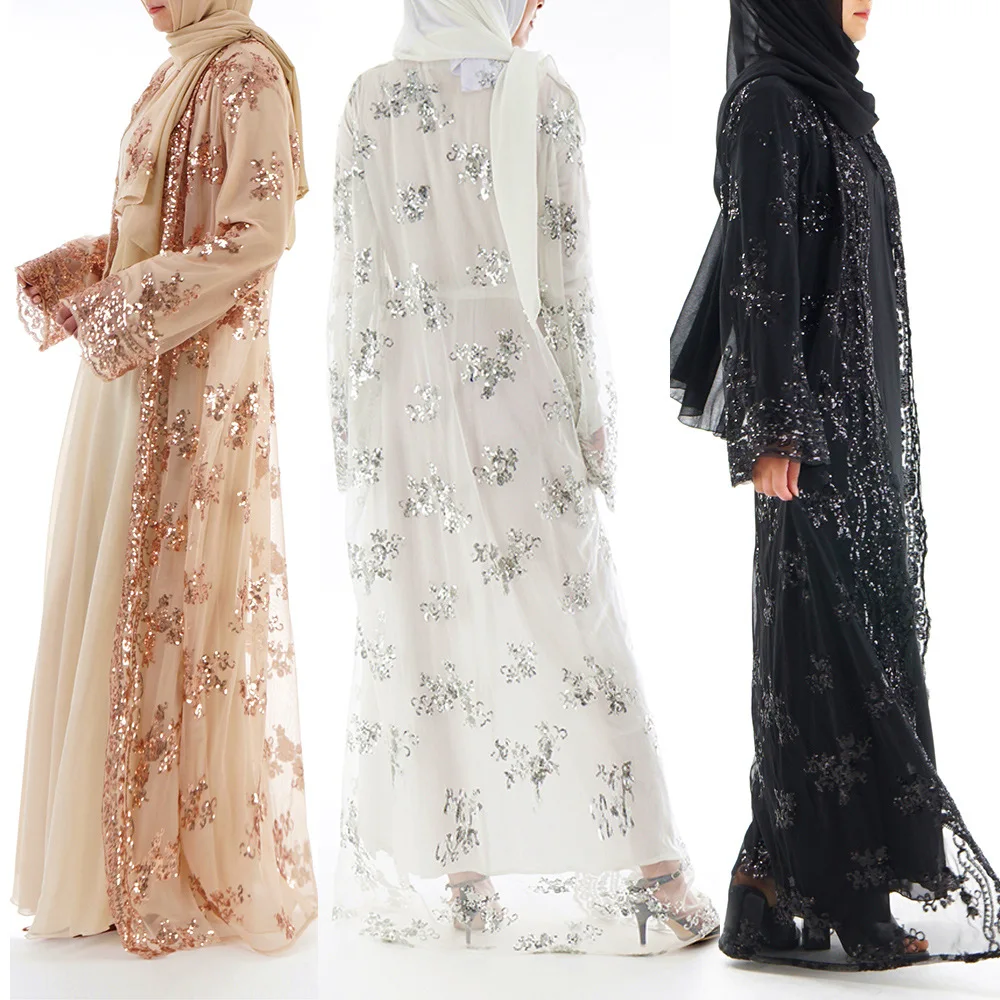 LIN48 modèles D'explosion femmes Musulmanes jupe longue cardigan luxe paillettes broderie dentelle transparente à l'extérieur