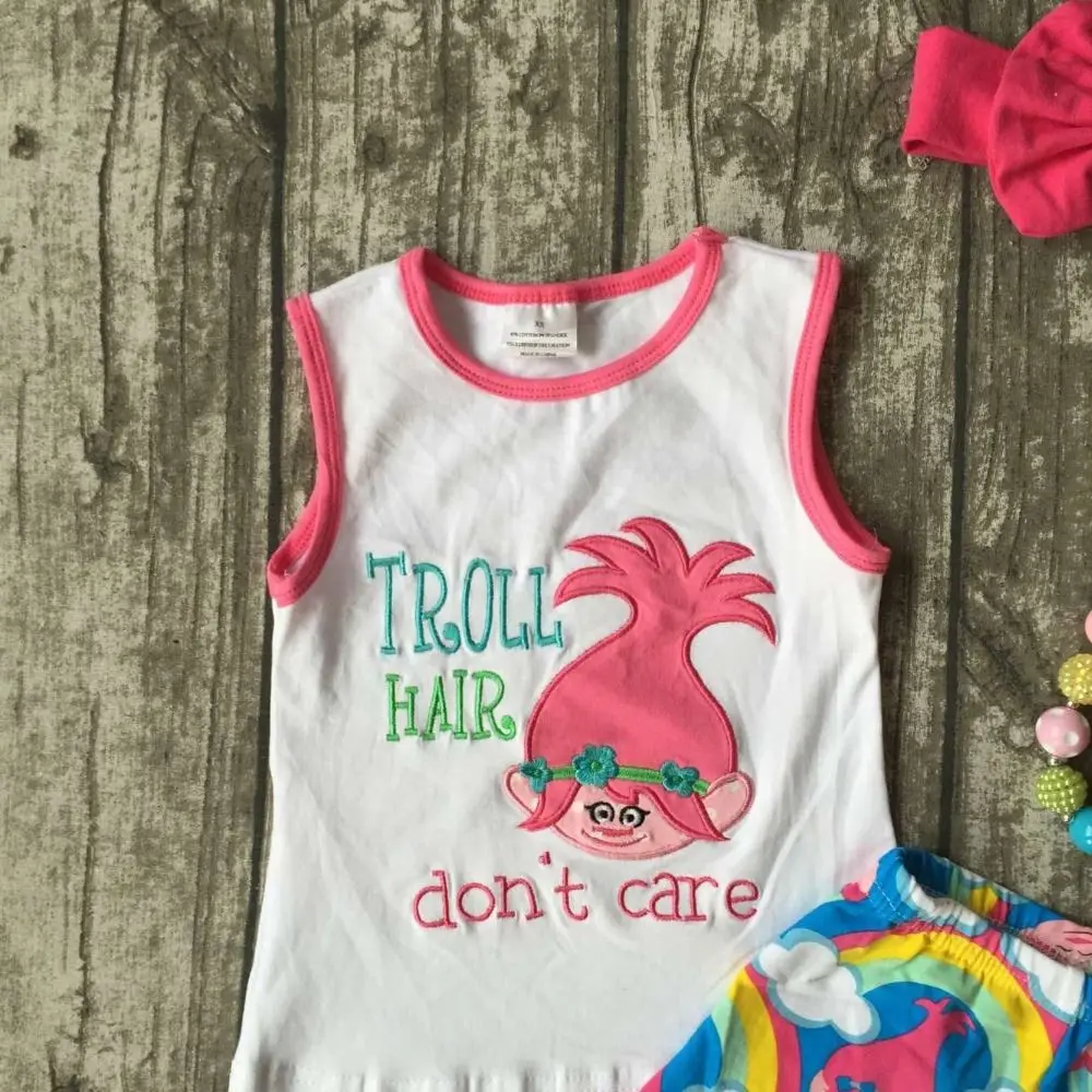 baby Girls Summer clothes girls children troll hair don;t care outfits kids rainbow shorts outfits with accessories