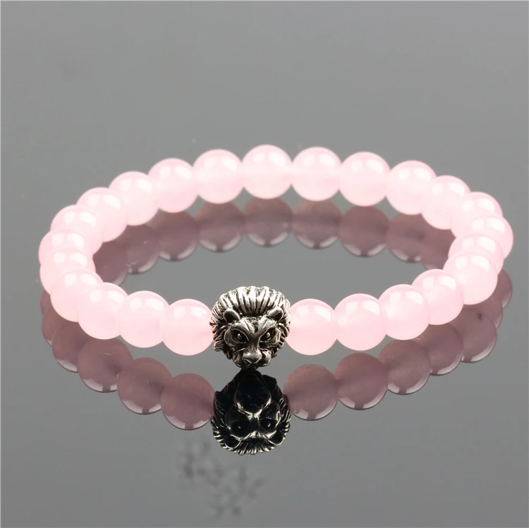 pink quartz crystal lovely women bracelet charm lion stone bead