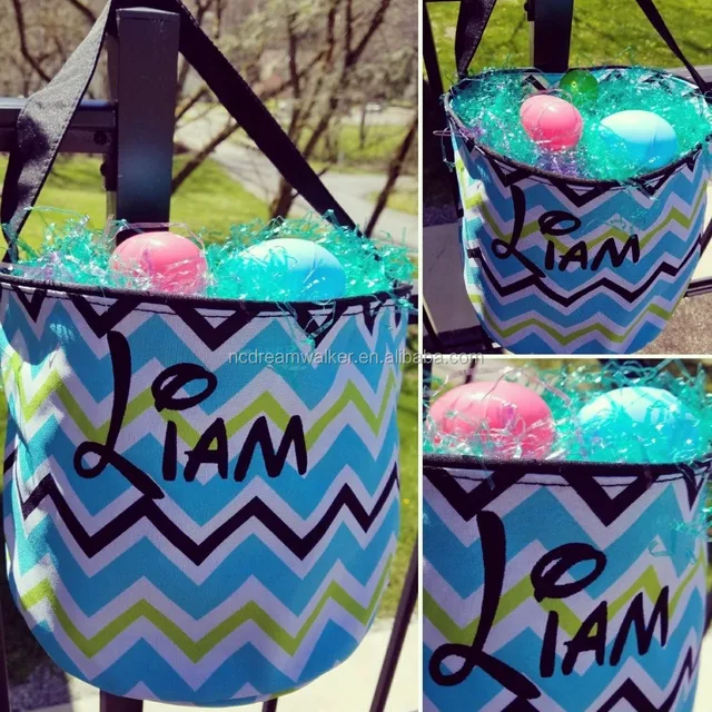 personalized monogrammed blue pink chevron fabric bucket easter