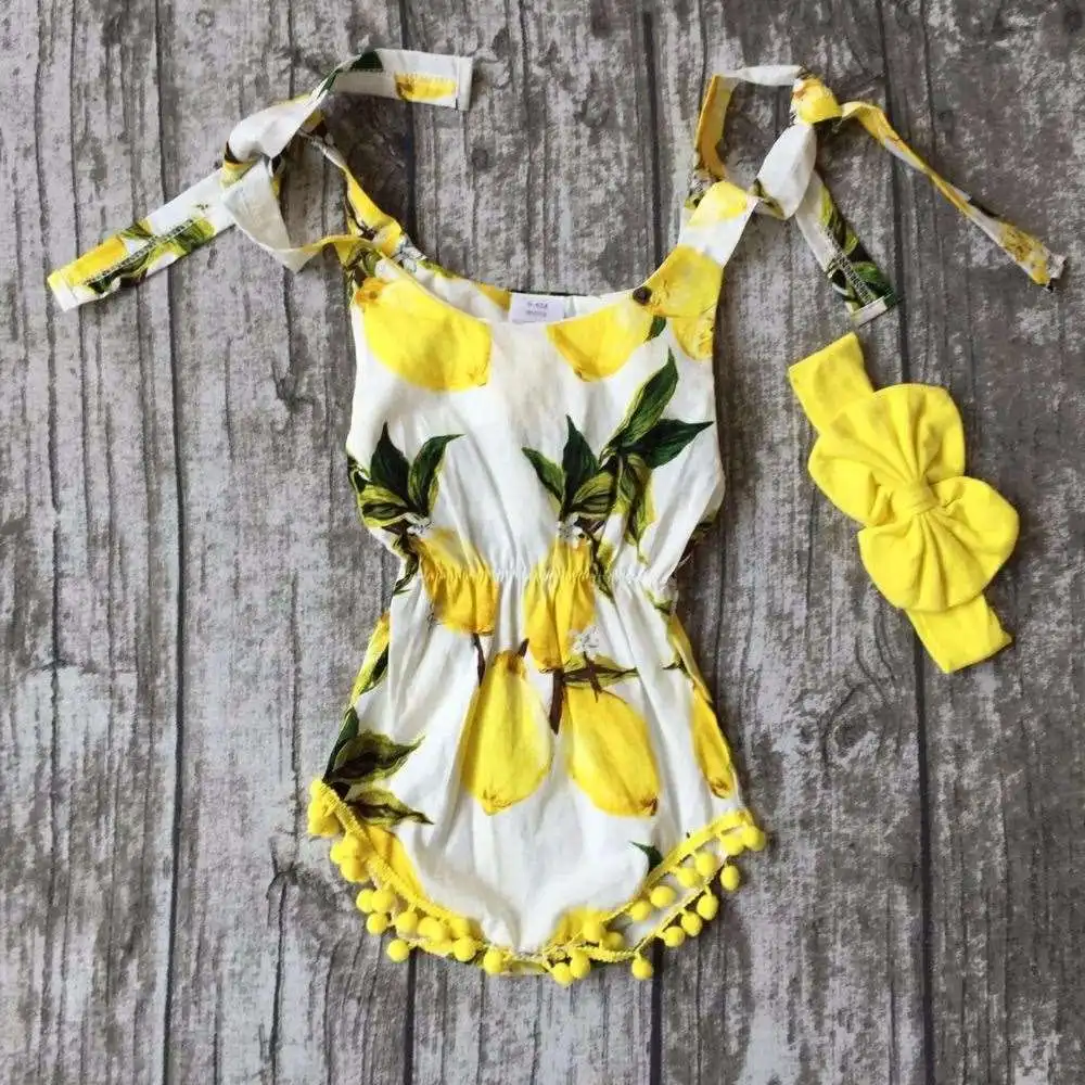 new arrival woven summer baby girls kids wear style lemon yellow ruffles romper tutu cotton with matching accessories bow