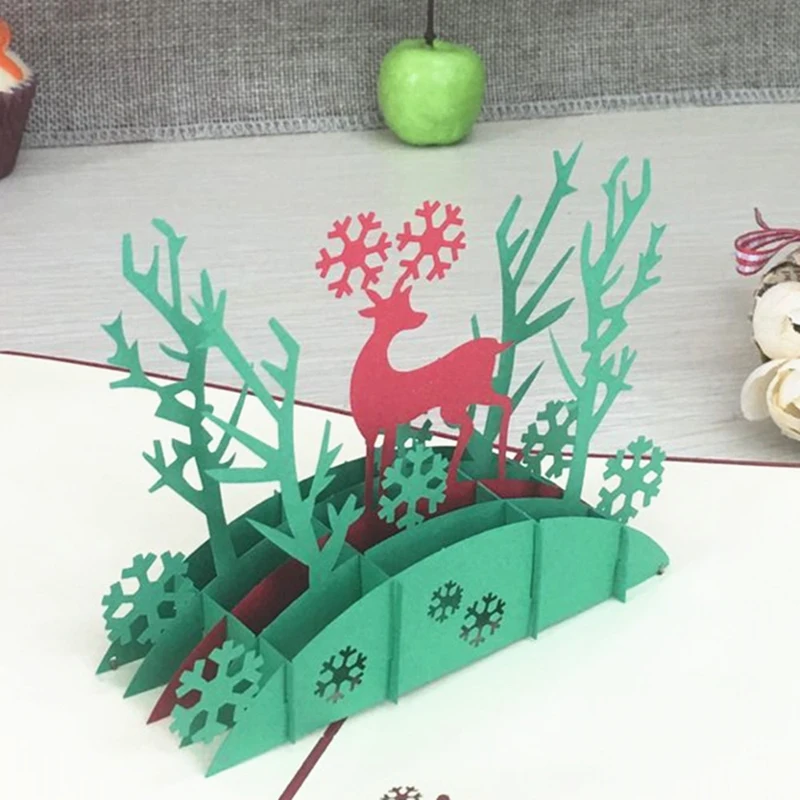 1pcs Christmas Deer Laser Cut 3D Handmade Pop Up Greeting Cards Postcard Kirigami Thanksgiving Day Christmas Birthday Gifts (5)