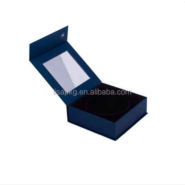 custom navy blue magnetic gift box with pvc window on top