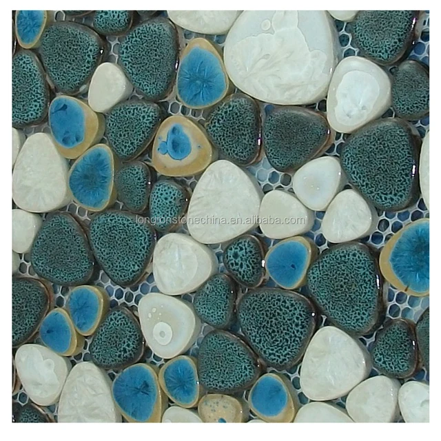 glazed porcelain floor glass blue pebble mosaic tile for kitchen