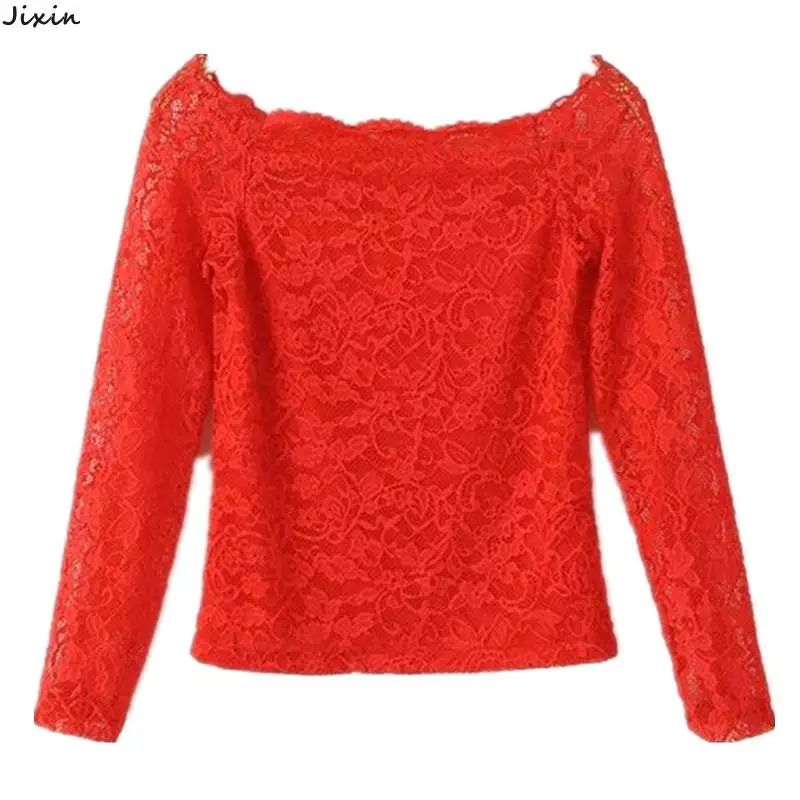 New 2015 Womens Clothing High Quality Lace Shirt Word Collar Black White Red Crop Tops Blusa Renda Roupas Femininas