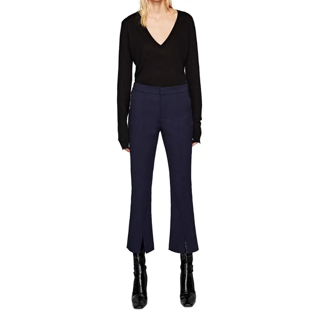 women pants bell bottom cropped trousers with central seam slits