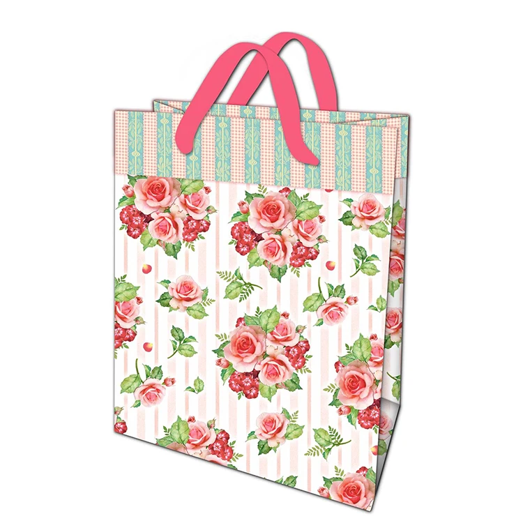 New Durable Lovely Printing Pink Elegant Shopping Paper Gift Bag With Ribbon Handles