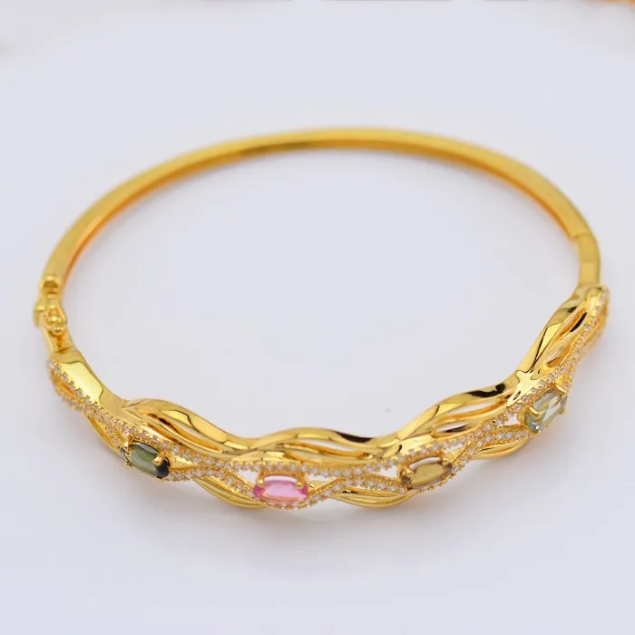 Hot Sale Fashional Designs 925 Sterling Silver Bracelet 18K Gold Plated Colorful Cubic Zirconia Jewelry Bangle