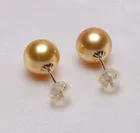Golden Perfect 18K Karat Golden Color Natural Real South Sea Pearl Earrings With 9-10mm AAA Perfect Round Pearl