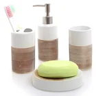 Bathroom Accessories 4 Pcs Set Simple Bamboo Ceramic Soap Dispenser Set Toothbrush Holder