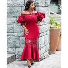 Plus Size Bridesmaid Party Mermaid Women Evening Red Lace Short Flare Sleeve Long Prom Dress