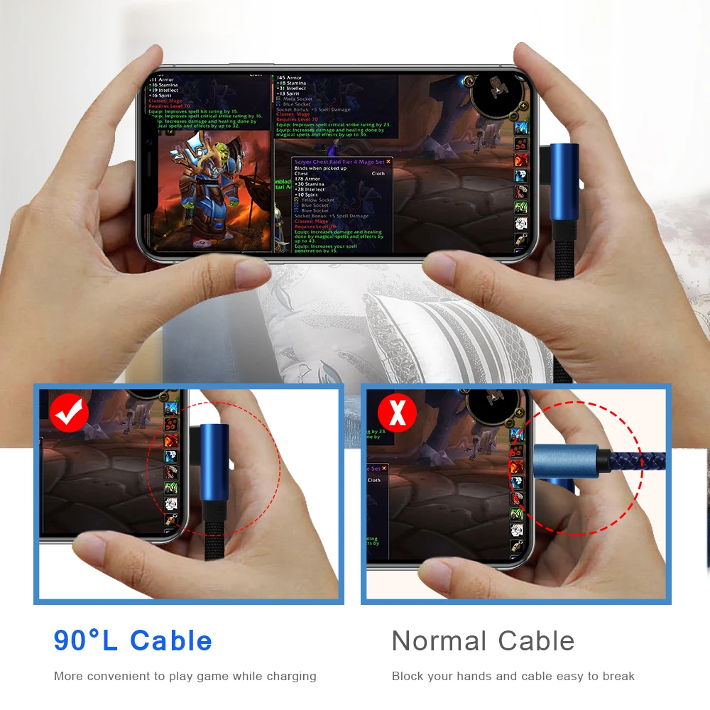 2.0 Une Charge Rapide 1 m 90 Degrés Coude coton USB câble de données pour iphone chargeur - ANKUX.COM