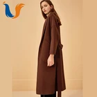 Latest dark brown overcoat 100% cashmere wool coats women belted double faced wool coat