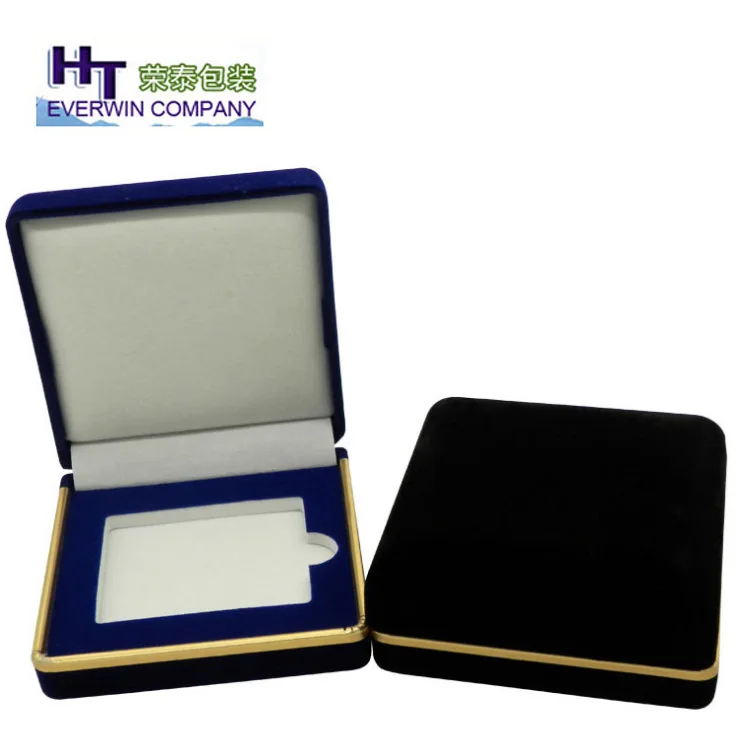 custom good quality plastic flocking coin box velvet medal box