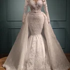 Long Sleeve Mermaid Wedding Dresses With Detachable Train Lace Applique Trumpet Bridal Gowns Middle East Bride Vestidos