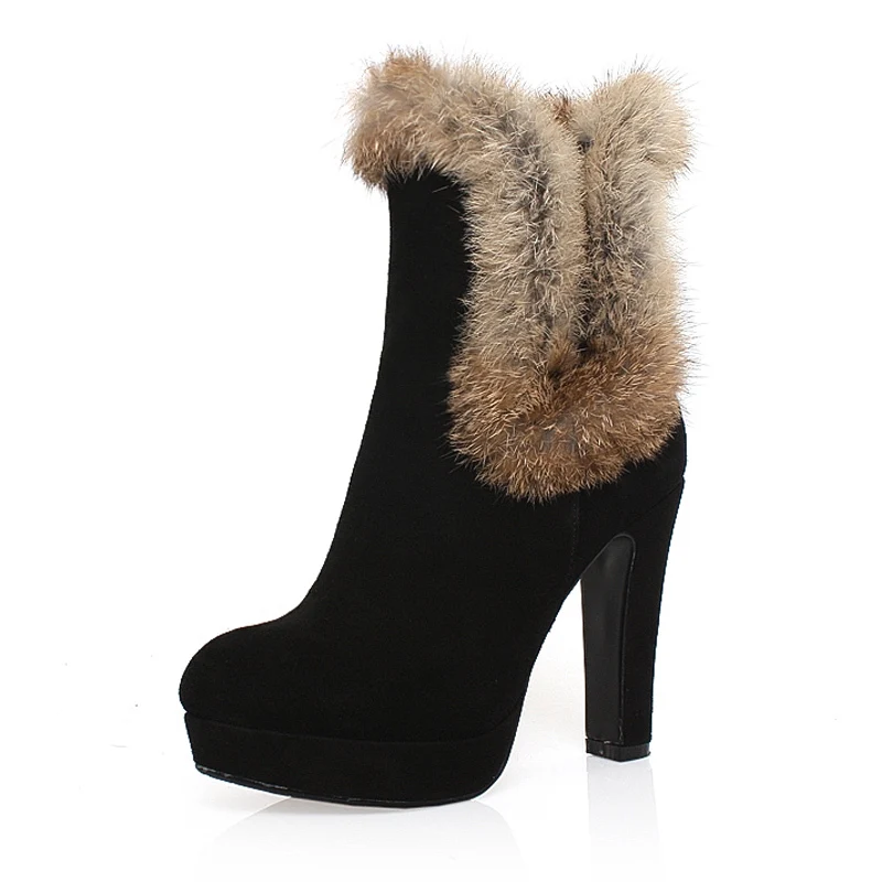 Hikang 2015 New Brand Winter Boots Women Genuine Leather Cow Split Woman Ankle Boots Warm Luxury Rabbit Fur Heels Boots B1-U88