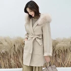 Fashion Double Side Woolen Jackets with Fox Fur Trim Hood Women Handmade Ladies Korean Cashmere Wool Coat