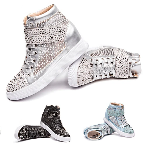 Women wedge sneaker Height increasing shoes rivets lace up genuine leather shoes for ladies Mesh breathable sneaker black silver