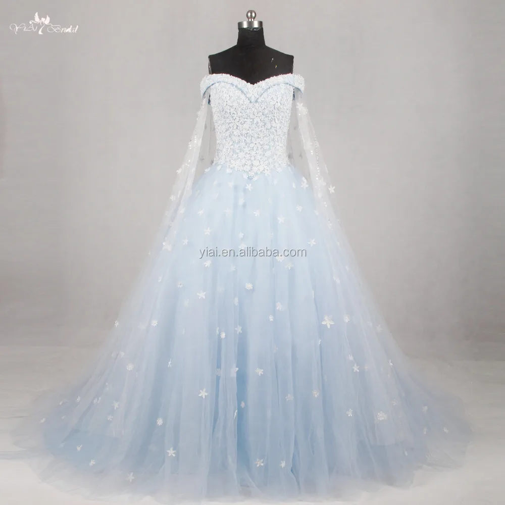 RSW1134 مع شال كاب الأميرة سندريلا تأثيري الزفاف الكرة ثوب قبالة الكتف الأبيض والأزرق الجليد فستان الزفاف