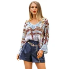 Wholesale latest custom ruffle O neck designs long sleeve woman casual printed chiffon blouse