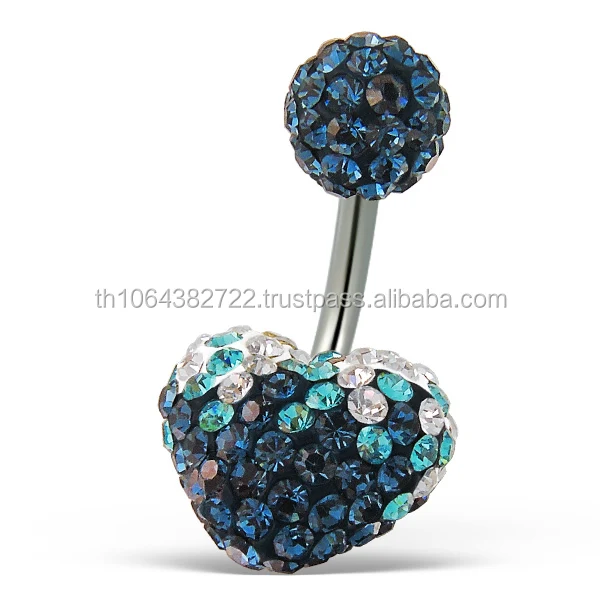 14g belly bar ball 316l surgical steel crystal heart charm navel