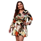 Lover Beauty New Women Long Sleeve V-Neck Lacing Dress Plus Size Print Mini Dress