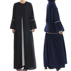 fashionable 100% Polyester muslim abaya dubai long sleeve open abayas with pearl