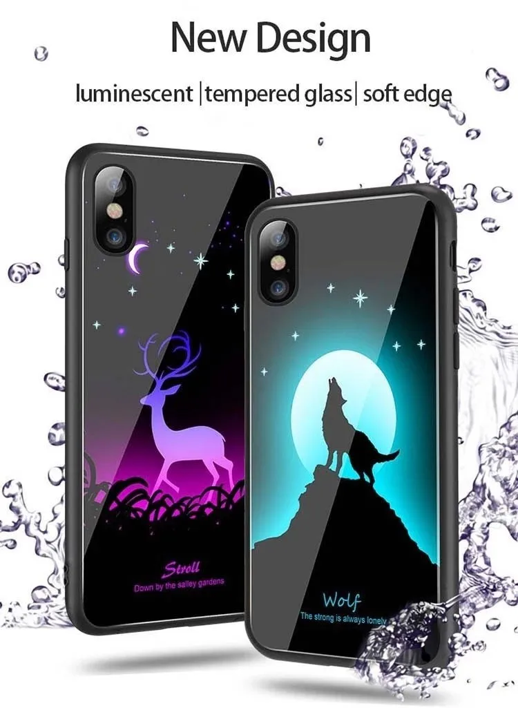 Luminous Night Light Tempered Glass Back Cover Soft Tpu Edge Glow In