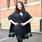 CX-B-P-31C Fur Shawl Latest Design Shawl Wool Cashmere Shawl With Fox Fur Ball Scarf