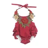 Top Quality Summer Baby Clothing Red Solid Fashion Embroidery Lace Up Sleeveless Baby Girls Linen Rompers
