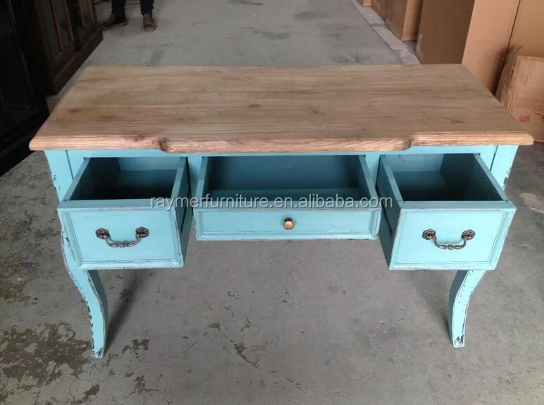 Rustic French Vintage Blue Wood Carved Entryway Console Table