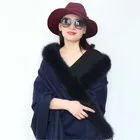 Plain Fox Fur Trimmed Tassel Wool Yarn Dyed Woven Long Big Navy Shawl Stole Wrap With Opening