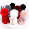 Hot selling women Fashion Fox fur pompom sport winter knitted hat custom warm ski cap solid color beanie hats
