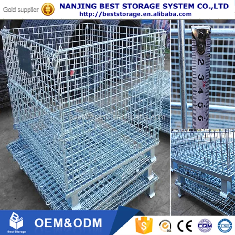 Folding Stackable Warehouse Steel Storage Cages Galvanized Metal Wire