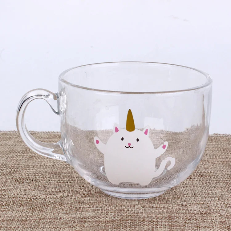 Wholesale 450ml unicorn clear glass round cup for tea coffee milk shaker mugs with handle