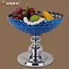 Manufacturer customized christmas decor blue glass craft fruit plate with stand