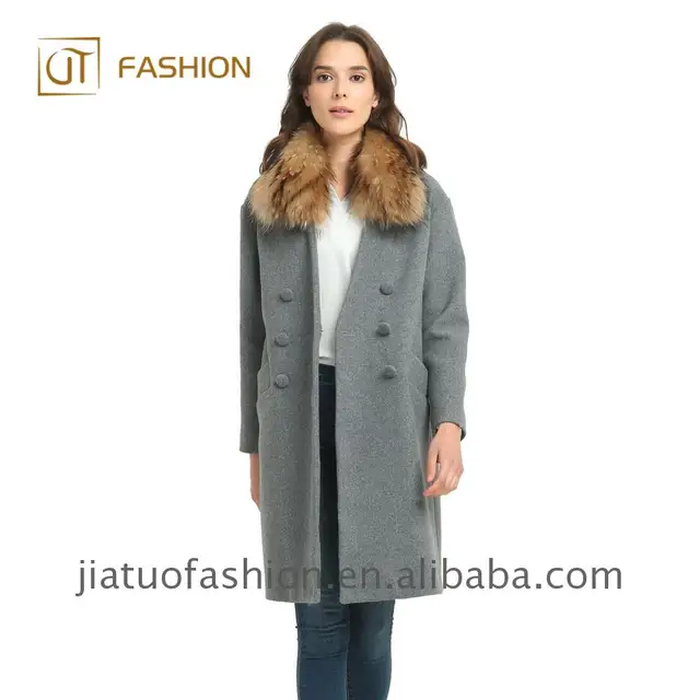 handmade cheap wool jacket with real raccoon fur dark grey