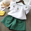 latest match summer kids girl clothing Embroidered lotus leaf edge cotton and linen baby Tops Pure color shorts girl clothes