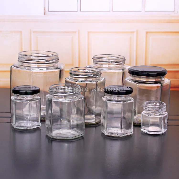 empty glass hexagon jar all size with black metal lids cheap jars