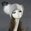 Wholesale Women And Kids Double Fox Fur Pompoms Soft Angora Rabbit Hat