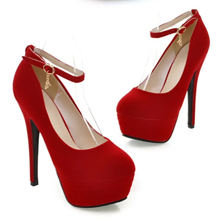 Waterproof Thin Heels Wedding Shoes 2015 Sexy Pumps Round Waterproof Nubuck Leather Shoes Red Bride Buckle Shoes High-Heeled