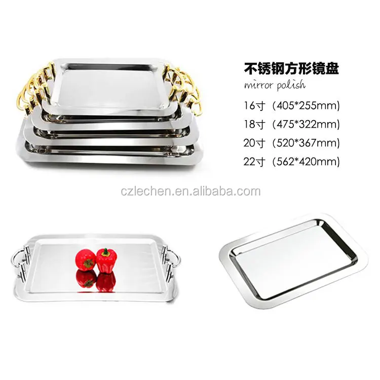 Stainless Steel Plate Tray Square Mirror Tray Charger Rolling Serving Plate Fruit Plate Simple Baking Steak Tray with handle
