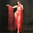 Women Long Red Tassel Skirt Red Glass Sparkling Crystals Nightclub Party Clothing Stage Wear Singer Dancer Costume DJ179