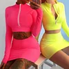 wholesale 2018 autumn Slim thin long-sleeves jacket bag hip skirt suits neon color top and skirt set