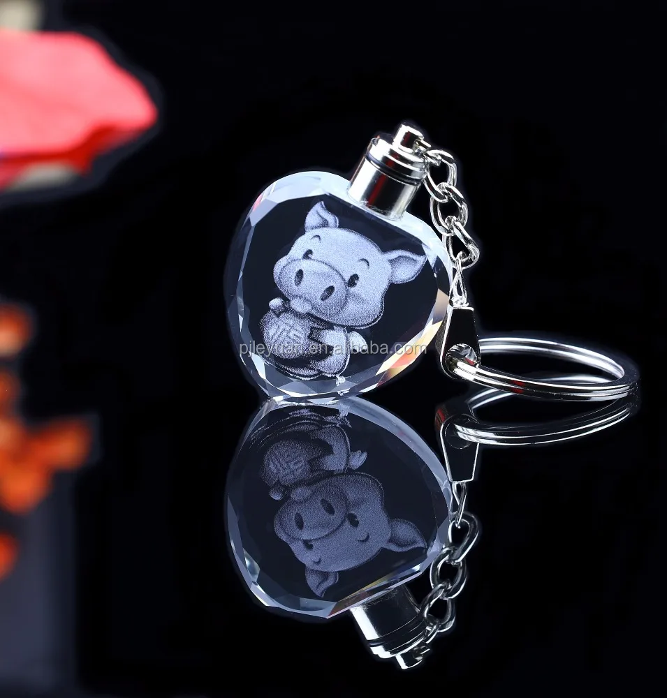 personalized 3d laser crystal heart shape keychain with light