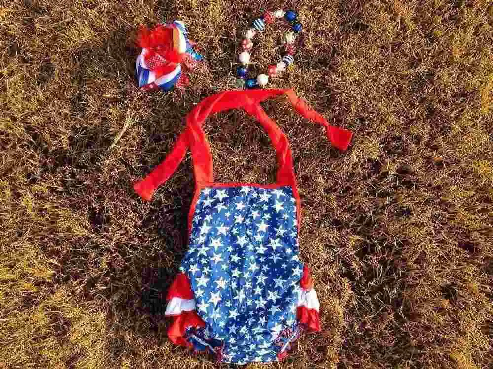 2015 new baby girls kids baby girls kid 4th of July patriotic bubble romper with matching necklace and headband set